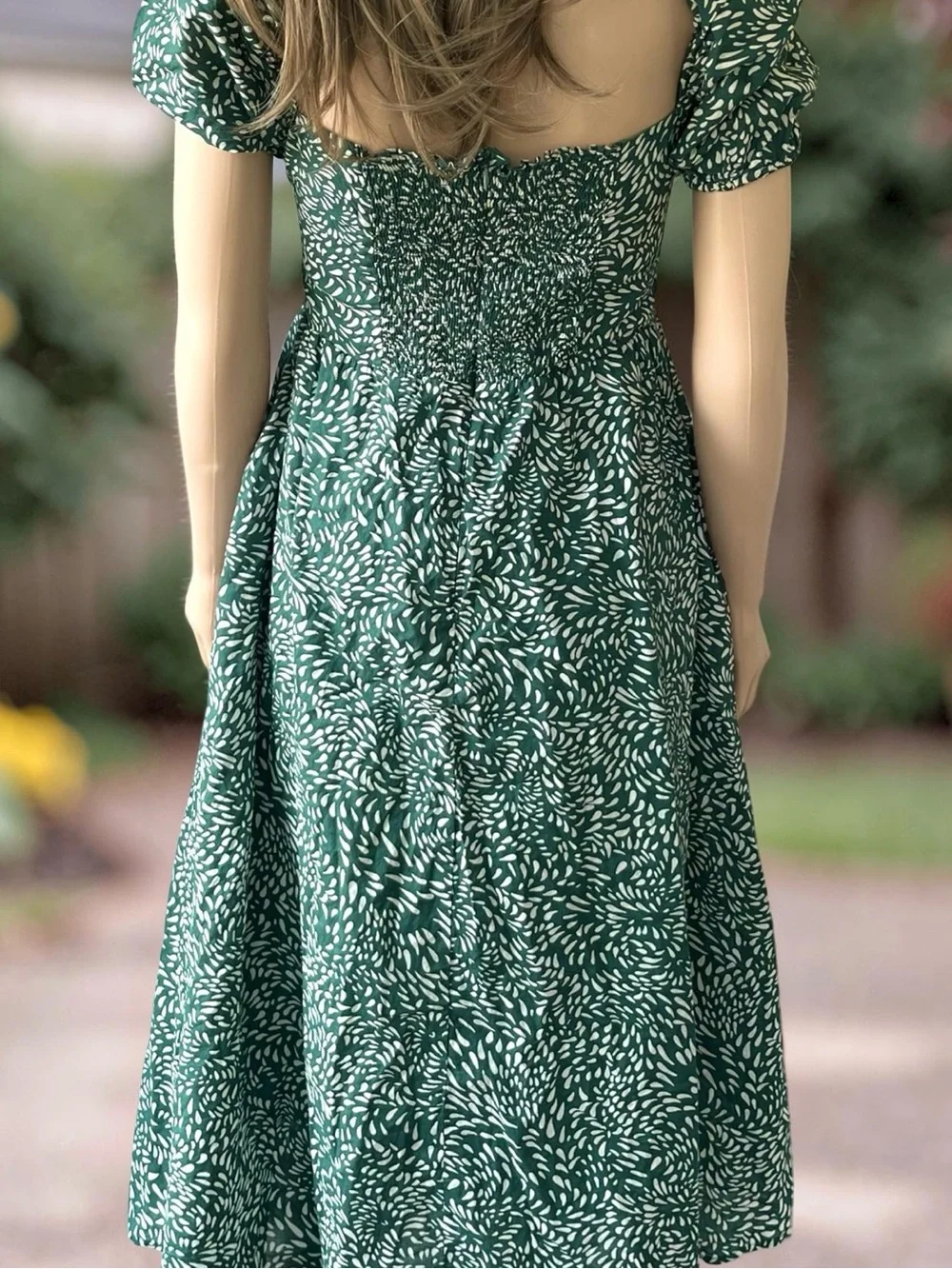 O.p.t Green Cotton Midi Dress L Smocked Back Puff Sleeve Pockets Cottagecore - Picture 6 of 9